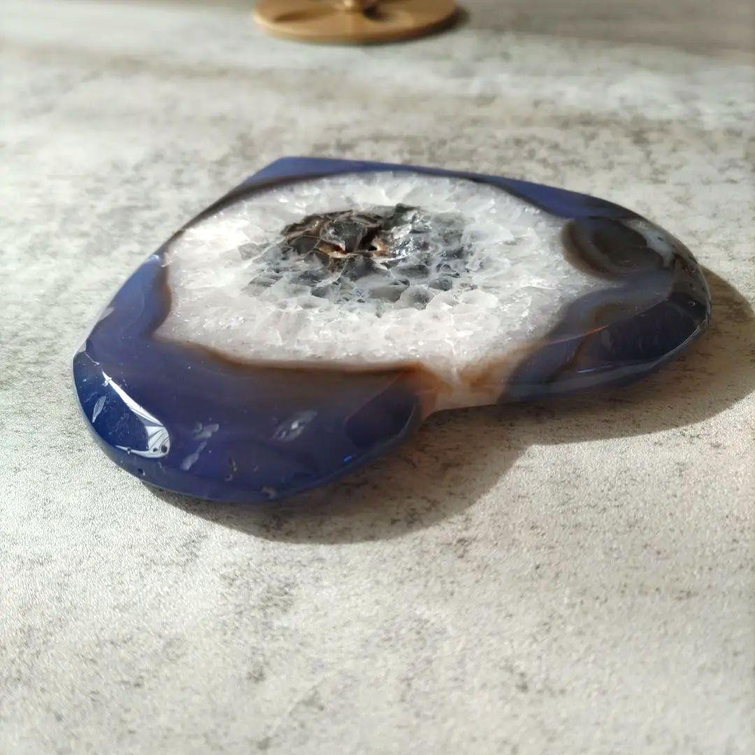 ブルーアゲート　ジオード　ハート（大）　瑪瑙　専用スタンドセット　　キラキラ