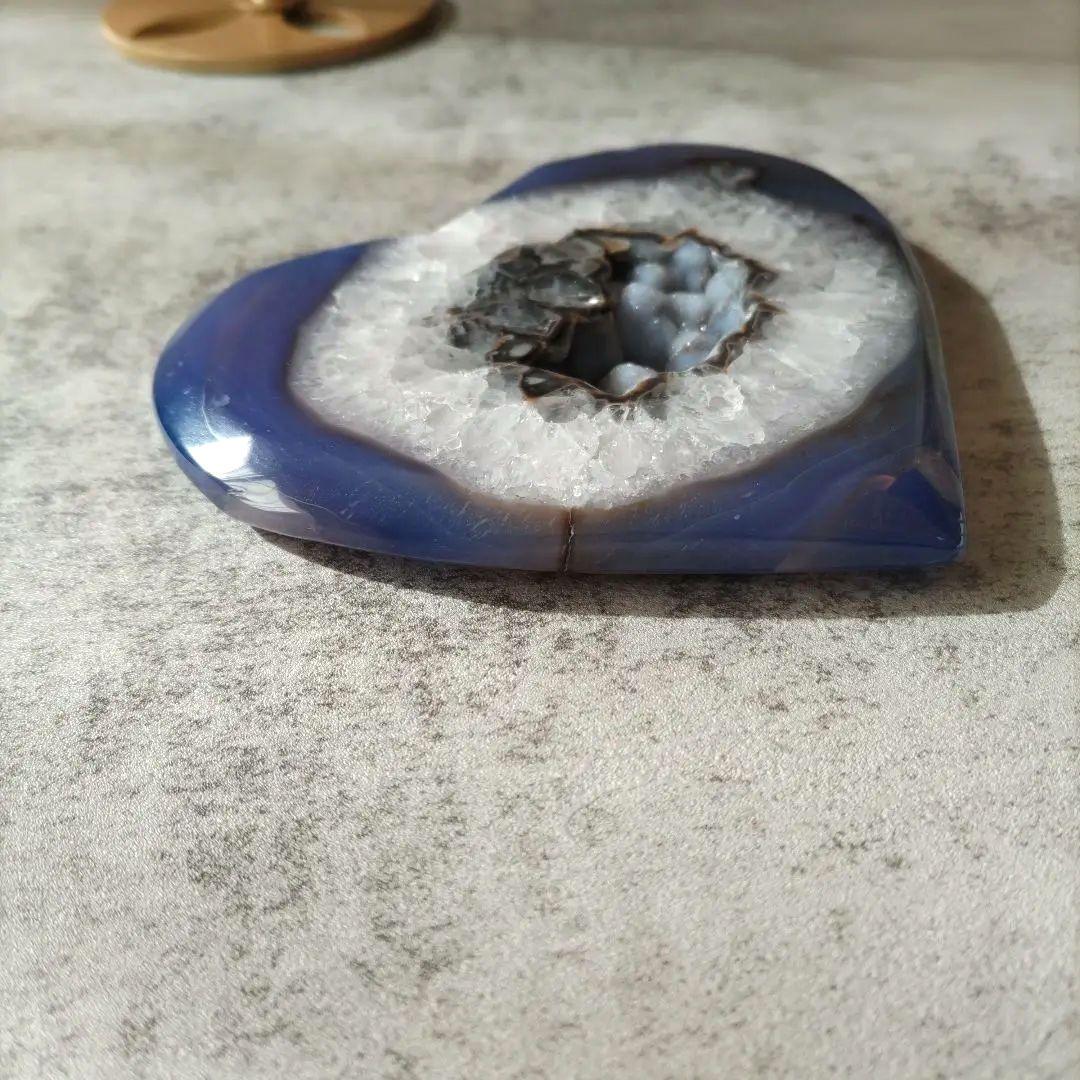 ブルーアゲート　ジオード　ハート（大）　瑪瑙　専用スタンドセット　　キラキラ