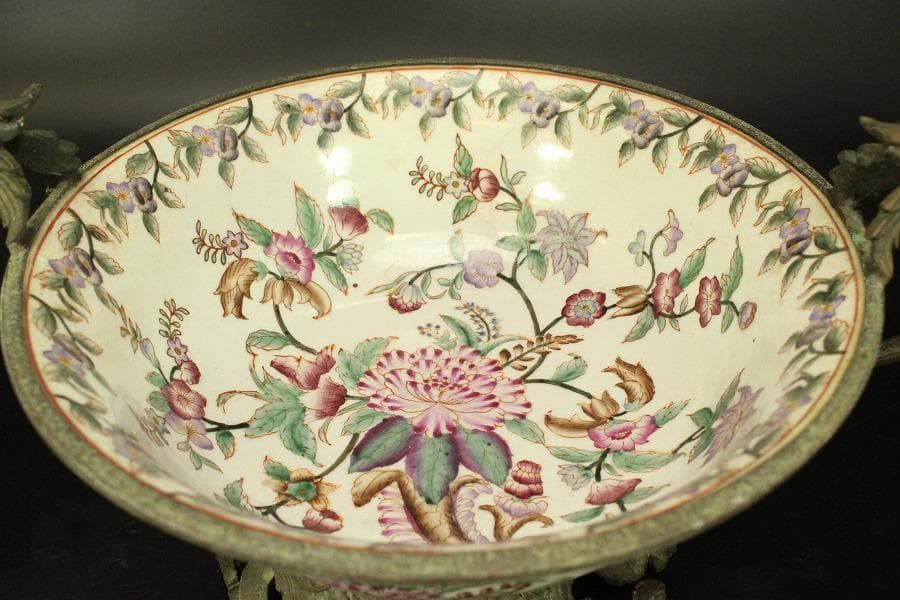 中国美術 色絵 ブロンズ 台 耳付 碗 34.3cmx24cm(LC603)