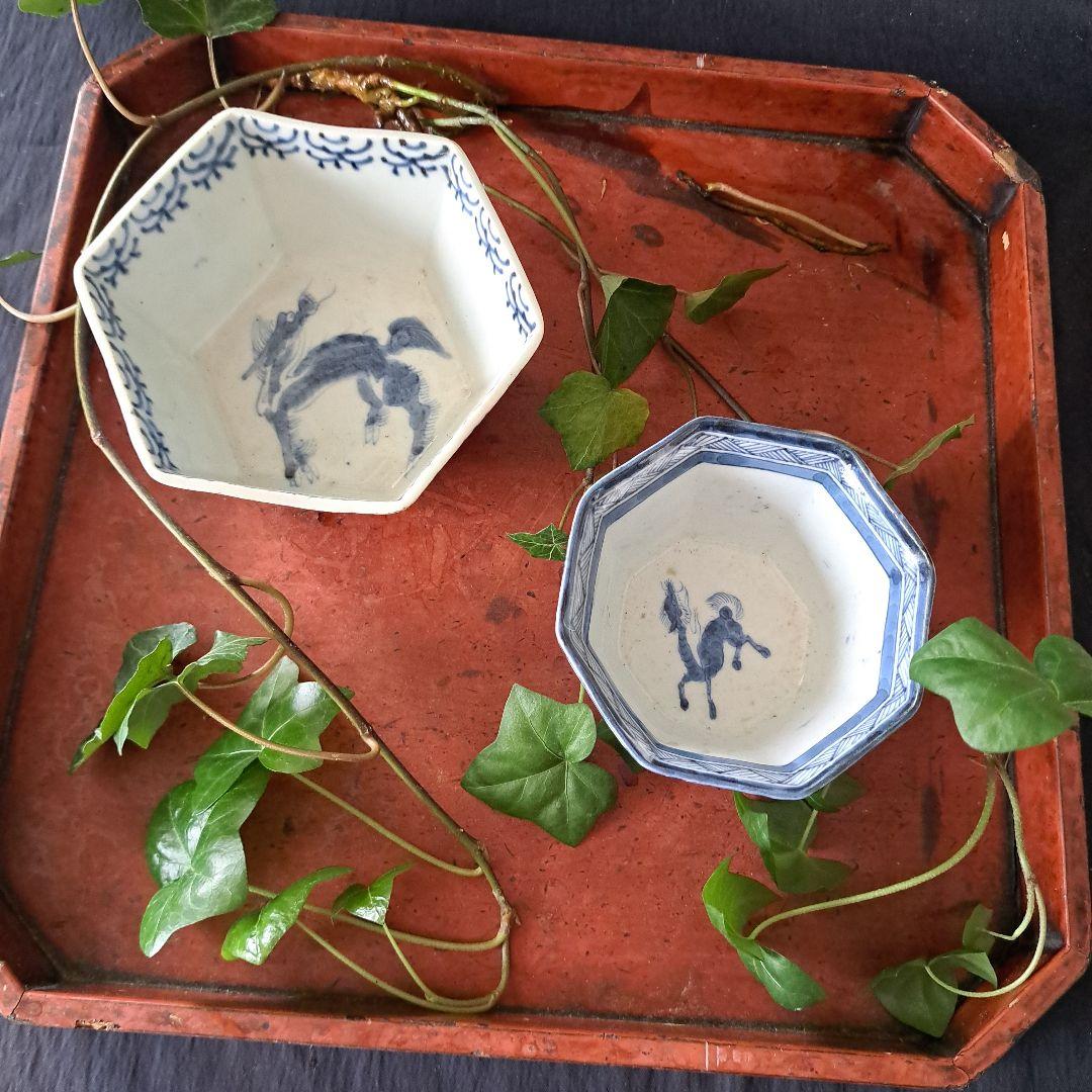 「麒麟(きりん)の小鉢に小料理を！」 古伊万里染付角鉢 2客セット 骨董アンティ