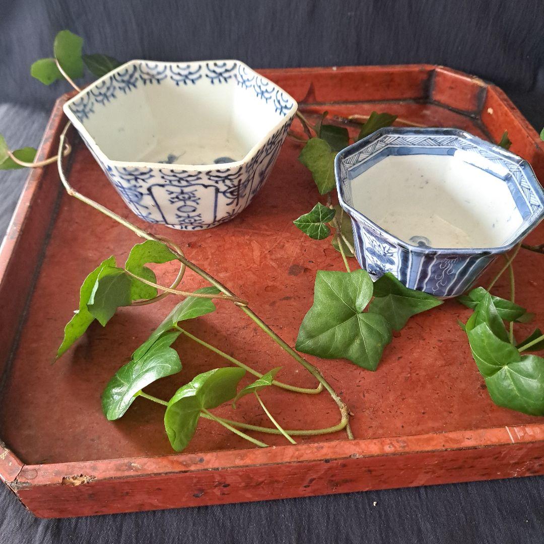 「麒麟(きりん)の小鉢に小料理を！」 古伊万里染付角鉢 2客セット 骨董アンティ