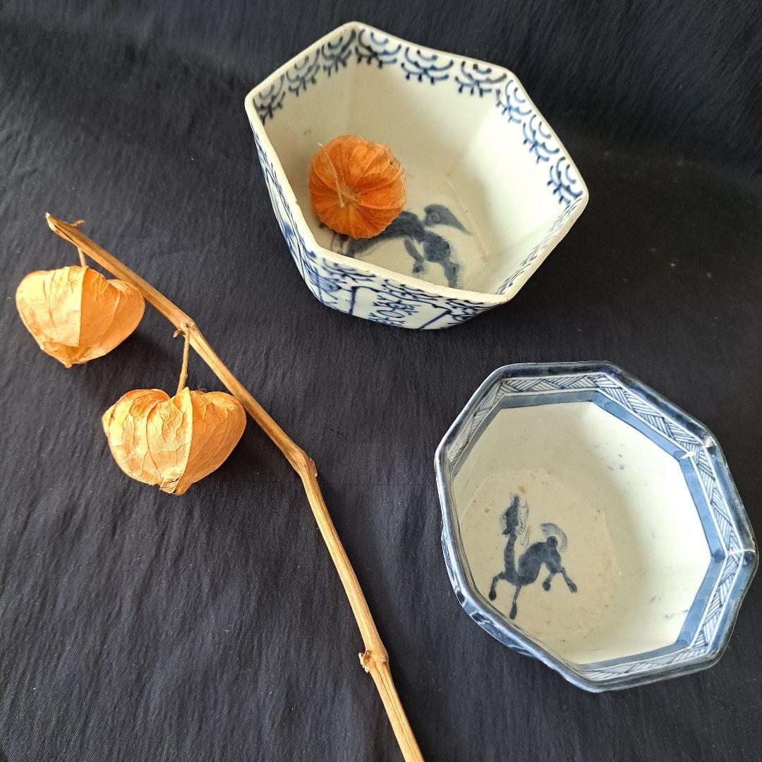 「麒麟(きりん)の小鉢に小料理を！」 古伊万里染付角鉢 2客セット 骨董アンティ