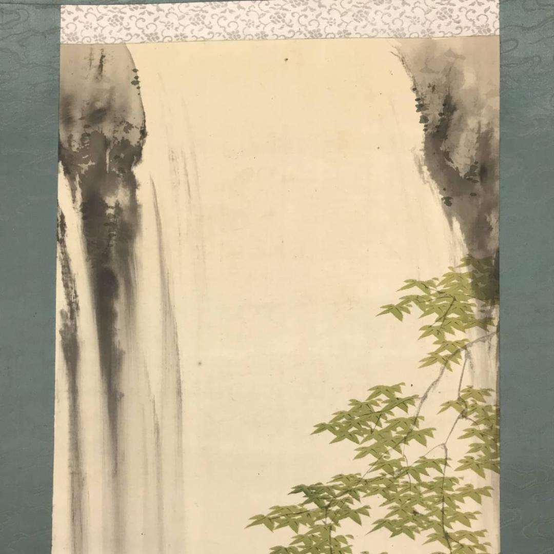 【真作】景秀/夏渓オシドリ図/オシドリ図/滝図/掛軸/名家伝来/AB-941
