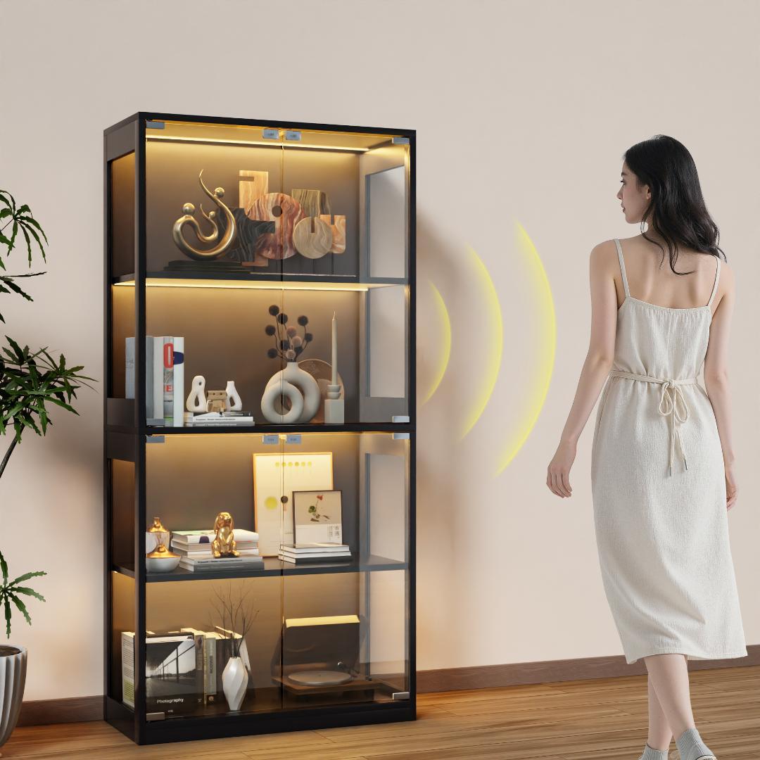 新品幅80×高さ165cm大型ガラスケース LEDライト付き4段両扉 ブラック