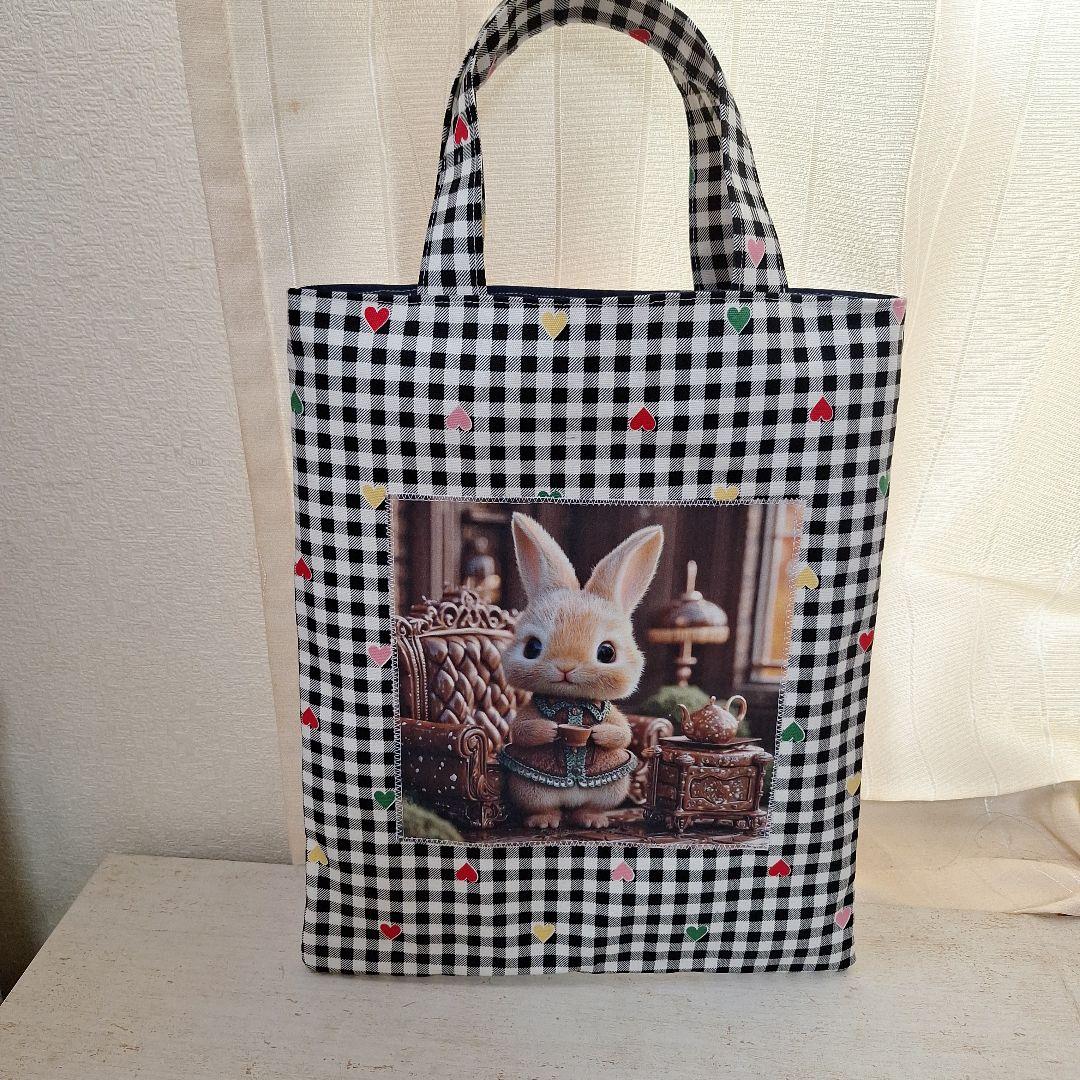 うさぎパネル生地　ハンドメイド　まちなしバッグ
