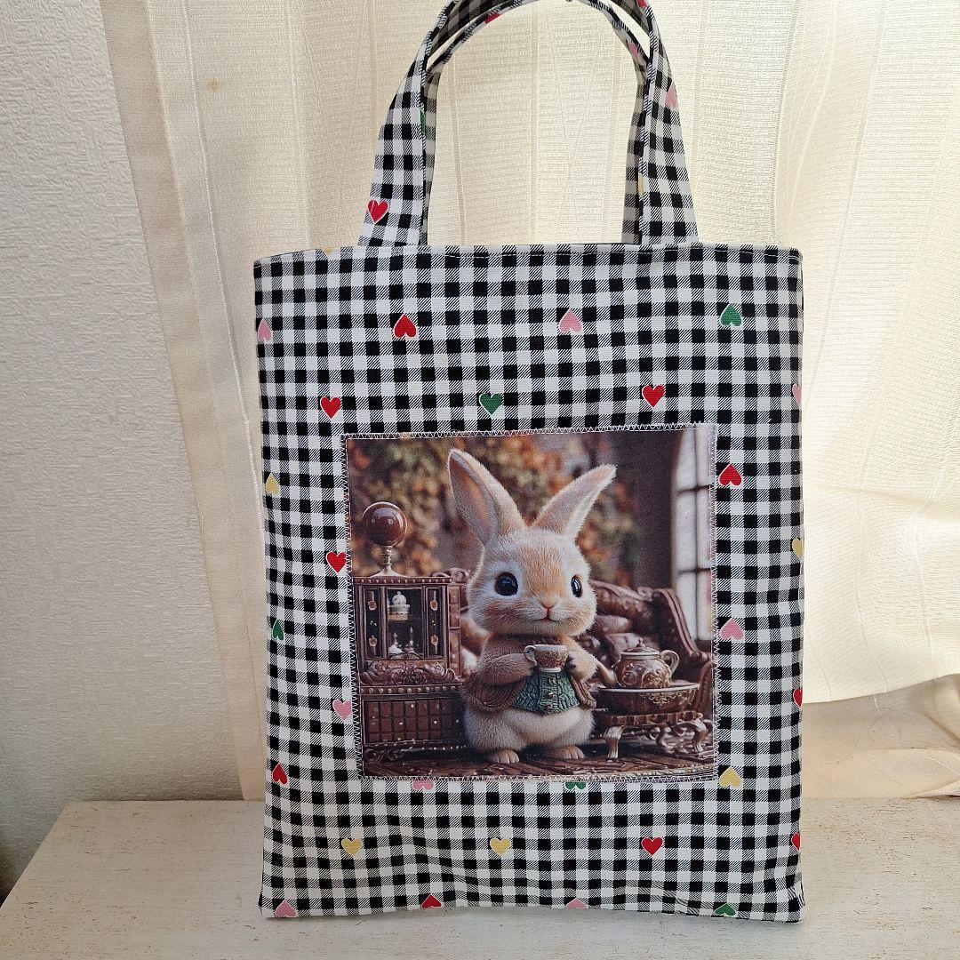 うさぎパネル生地　ハンドメイド　まちなしバッグ