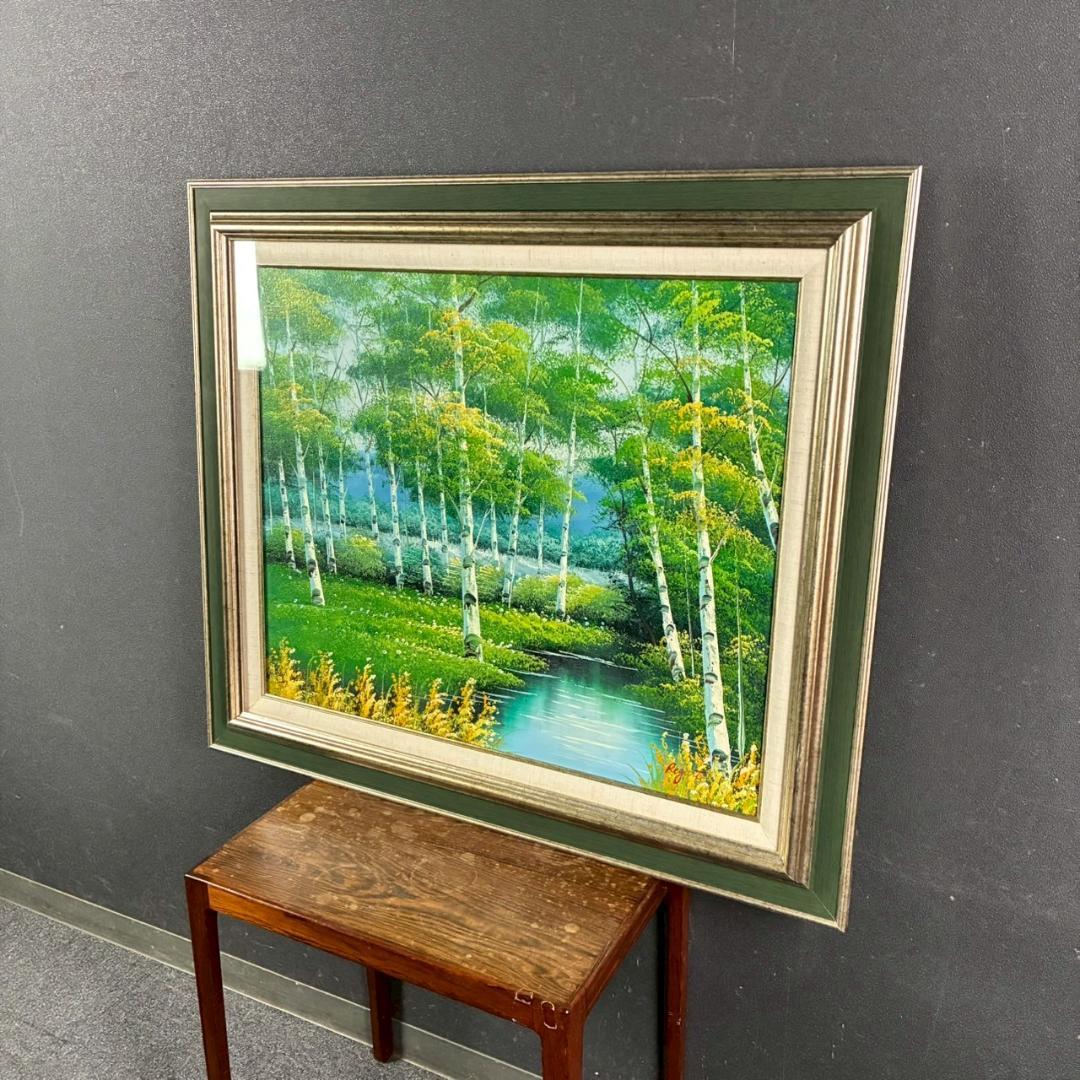 美品 ルゴン「白樺」油絵 油彩画 直筆サイン入り 肉筆画 風景図 お洒落な額装