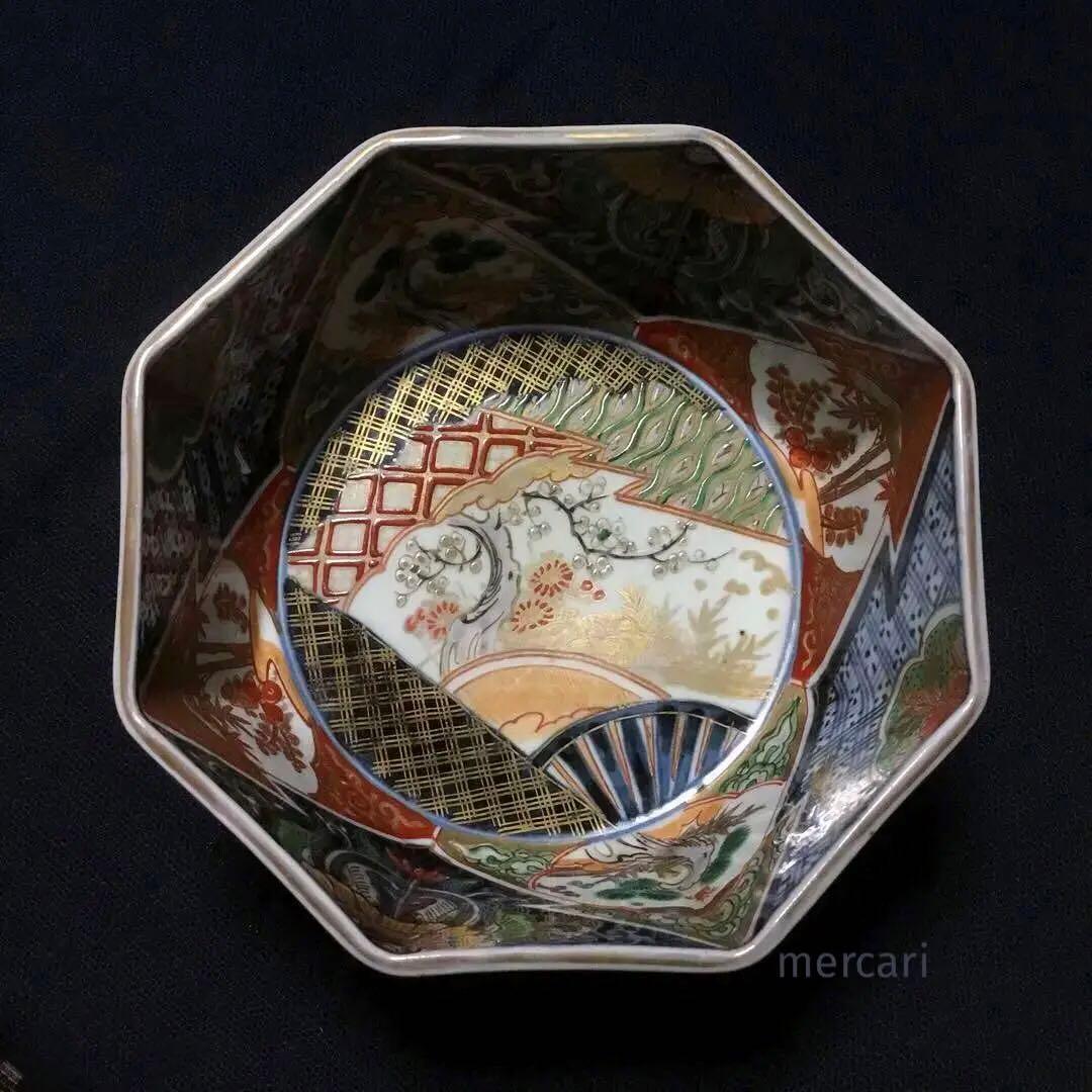 伊万里焼 色絵 草花紋様 八角 六寸深鉢 /骨董/時代物