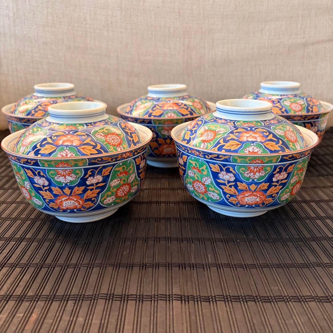 【未使用品】前畑陶器 庫山窯 錦古調 蓋付き 多用椀 雑煮椀 丼椀 飯椀 5客