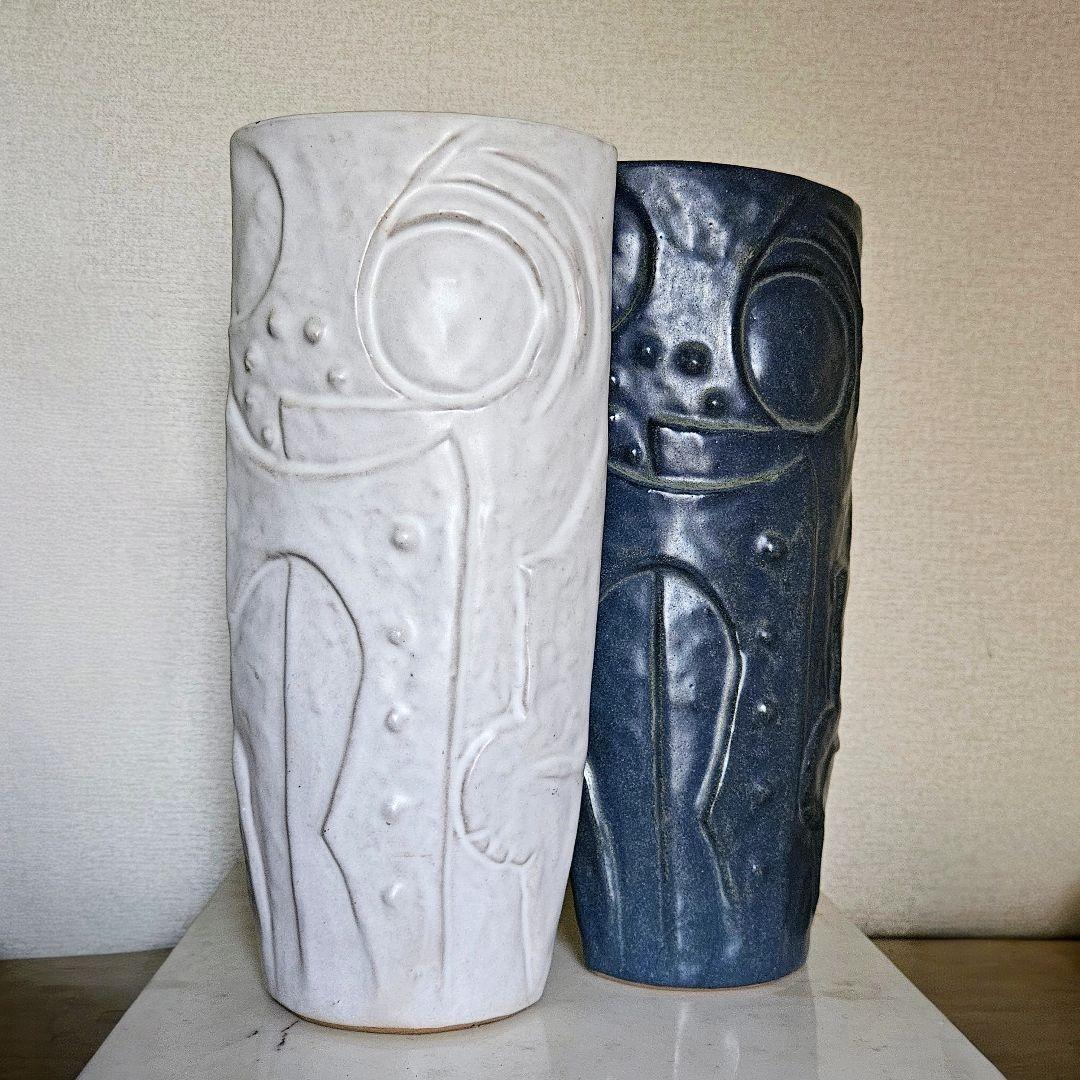 訳あり☆Akanbi 花瓶 2点セット ネイビー＆ホワイト 陶器製 円筒 作家物
