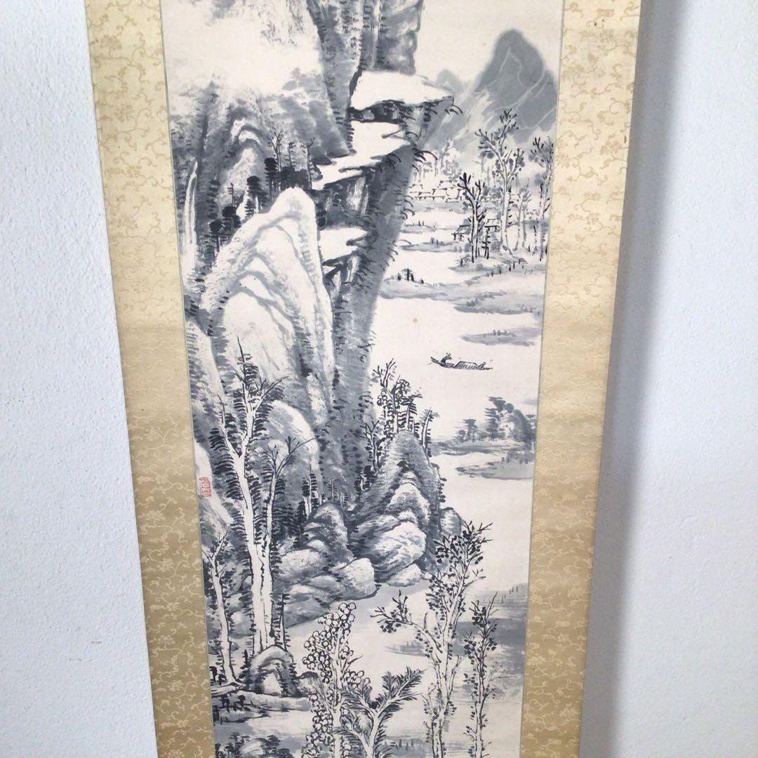 No3509 掛軸　岡文涛　山水画賛　紙本　日本画　古画　古美術　時代　送料無料