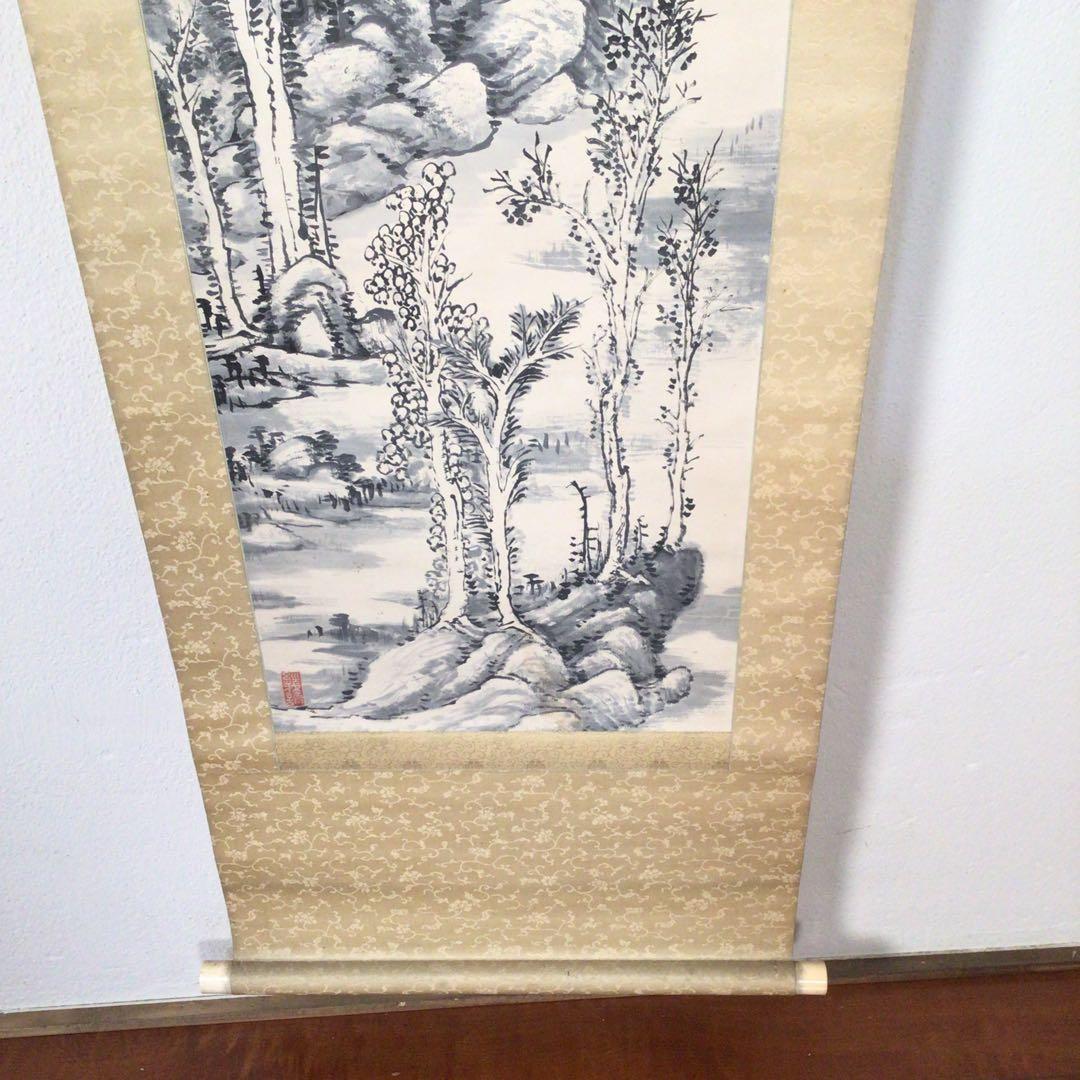 No3509 掛軸　岡文涛　山水画賛　紙本　日本画　古画　古美術　時代　送料無料