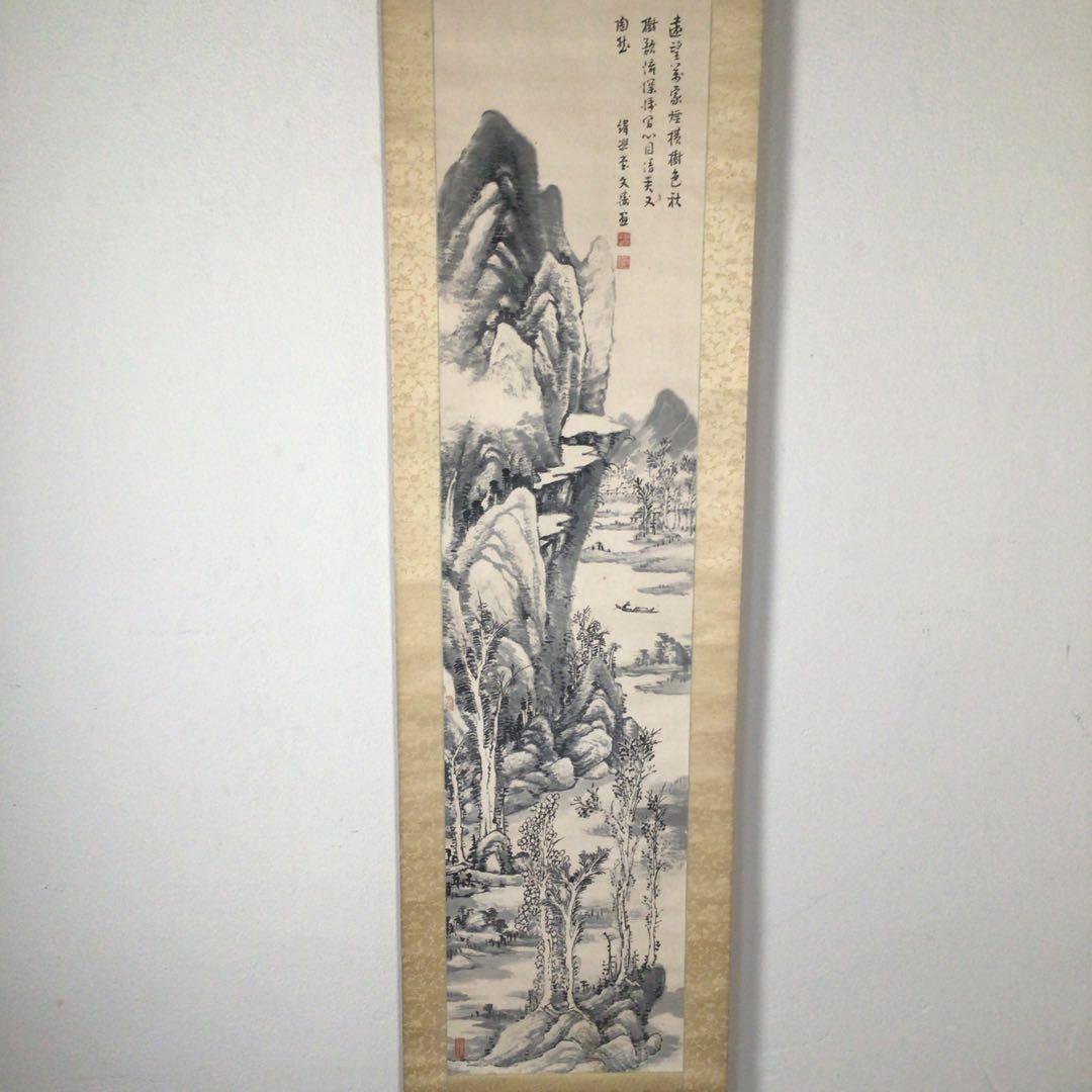 No3509 掛軸　岡文涛　山水画賛　紙本　日本画　古画　古美術　時代　送料無料