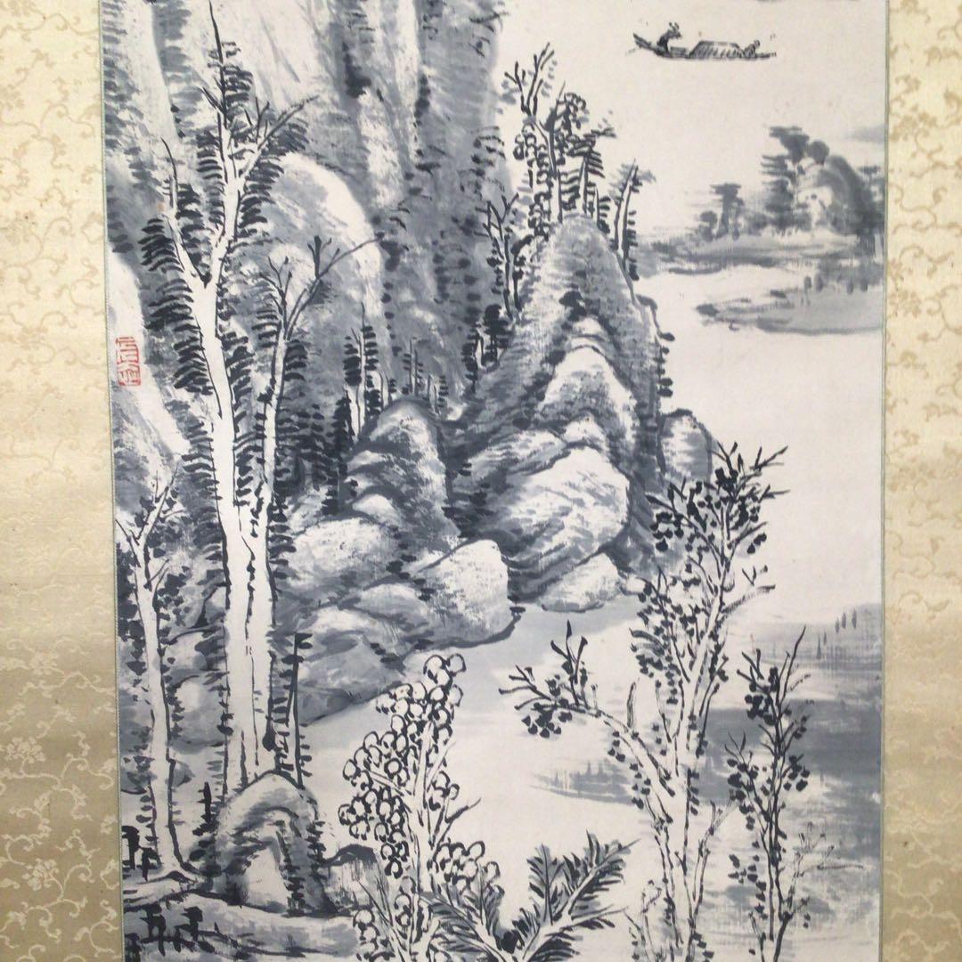 No3509 掛軸　岡文涛　山水画賛　紙本　日本画　古画　古美術　時代　送料無料