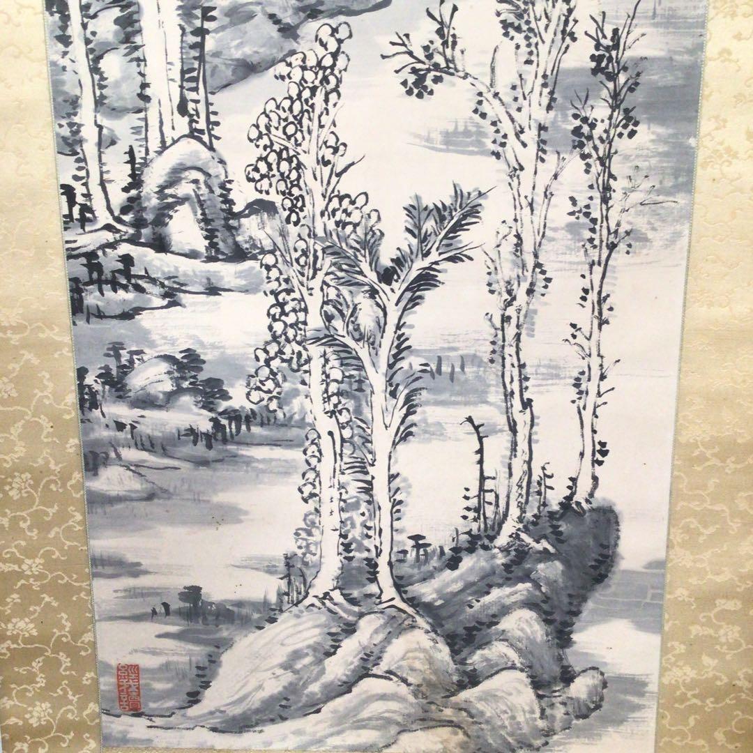 No3509 掛軸　岡文涛　山水画賛　紙本　日本画　古画　古美術　時代　送料無料