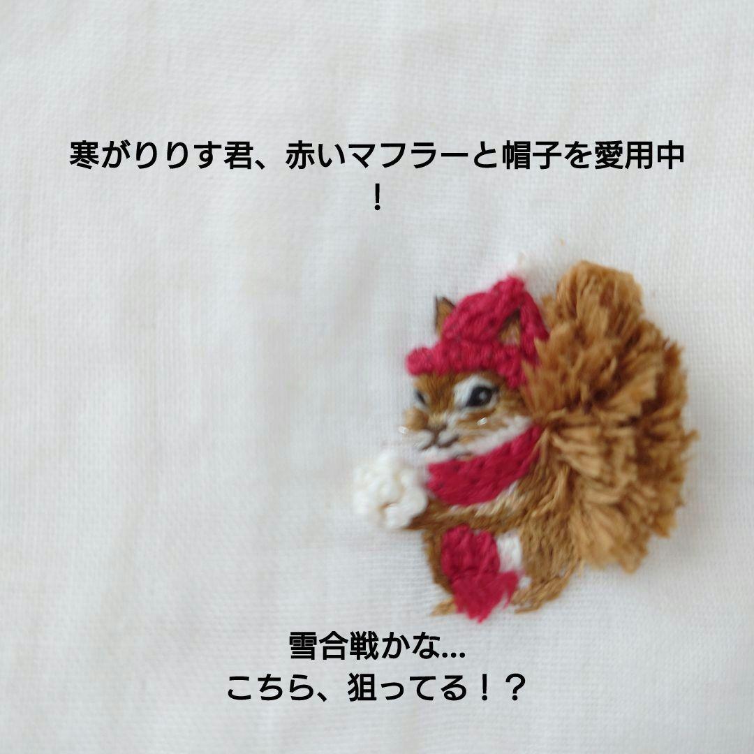 手刺繍入ちっちゃな ガーゼハンカチ【寒がりりす君と雪】