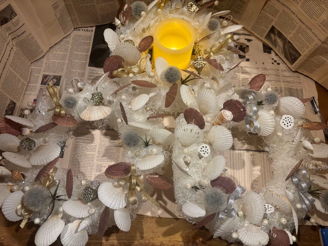 1点モノ☆貝殻とパールのホワイトリース(ゴールド)②