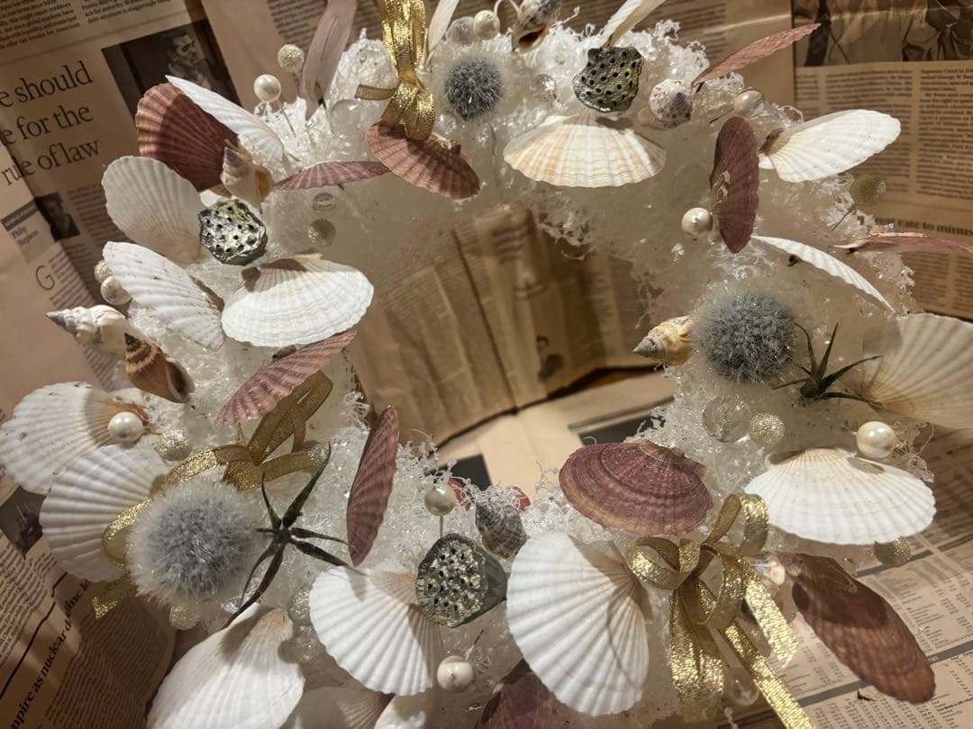 1点モノ☆貝殻とパールのホワイトリース(ゴールド)②