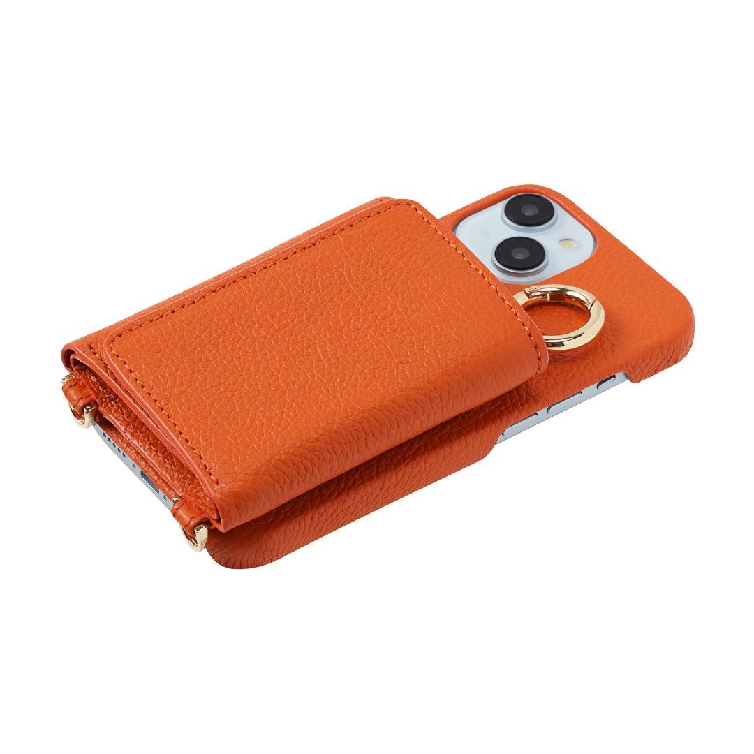 iPhone15 Plus 本牛革 カバー 財布付  ケースオレンジストラップ付