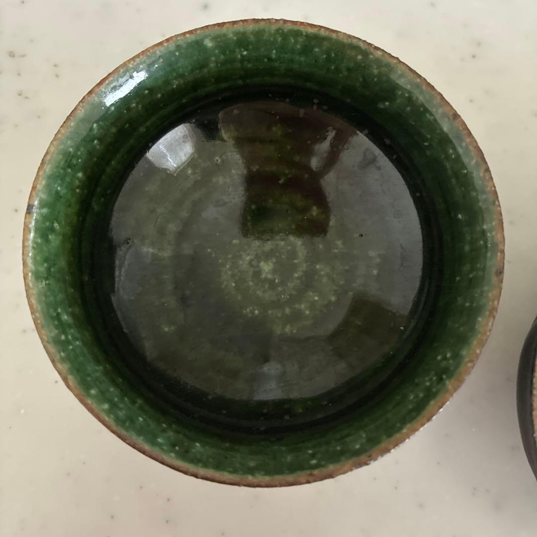 陶芸家　黒木泰等氏　織部鉄鉢形輪花片口　織部ぐいのみ2個　3点セット