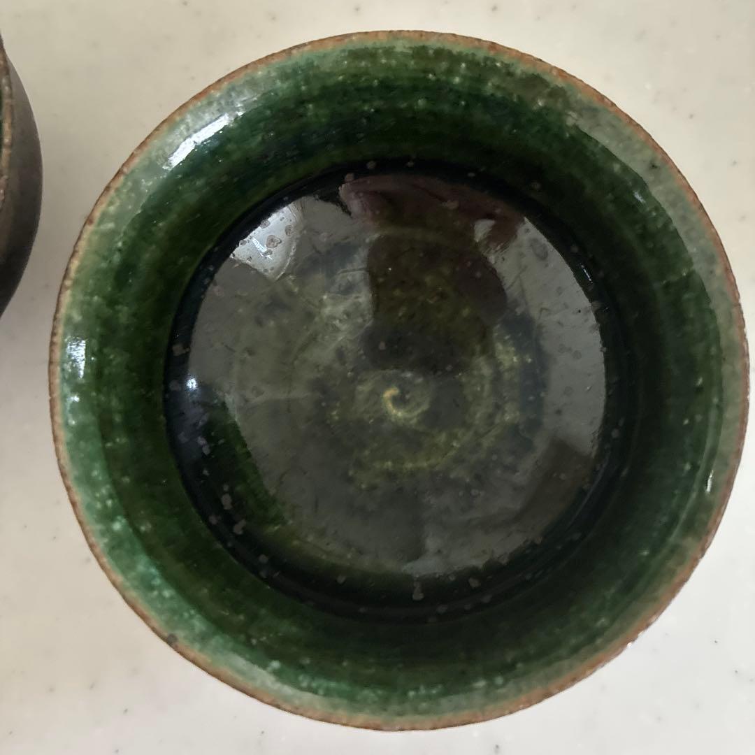 陶芸家　黒木泰等氏　織部鉄鉢形輪花片口　織部ぐいのみ2個　3点セット