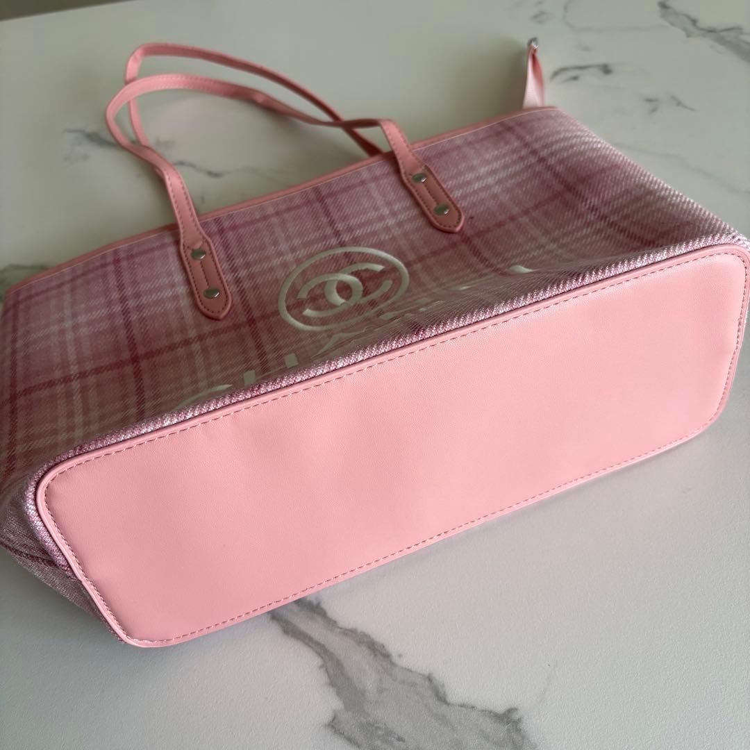 CHANEL ノベルティ トートバッグ ピンク キャンバス生地 チェック柄