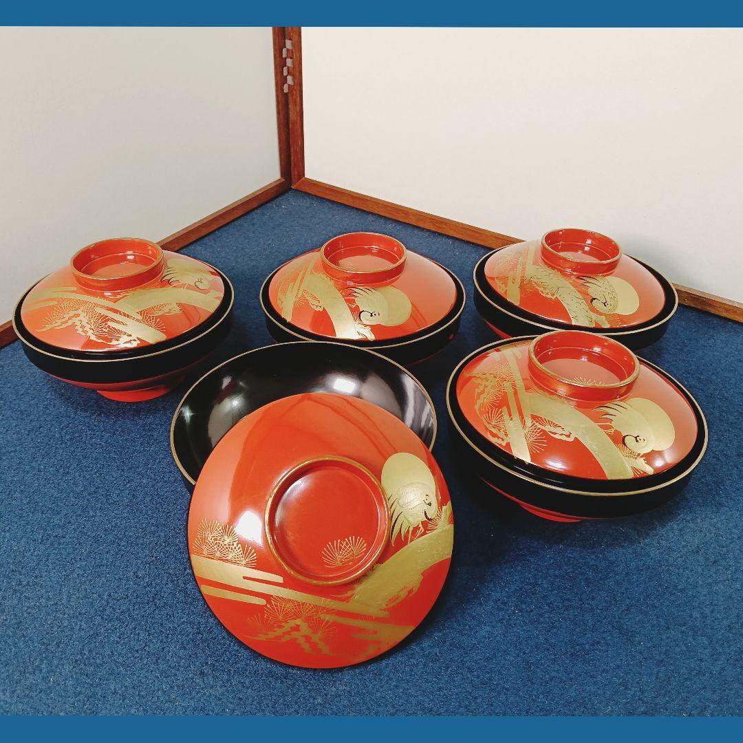 AM54 会津 蓋付椀 松鶴図 朱椀五客 縁金 金蒔絵 お椀 汁物椀