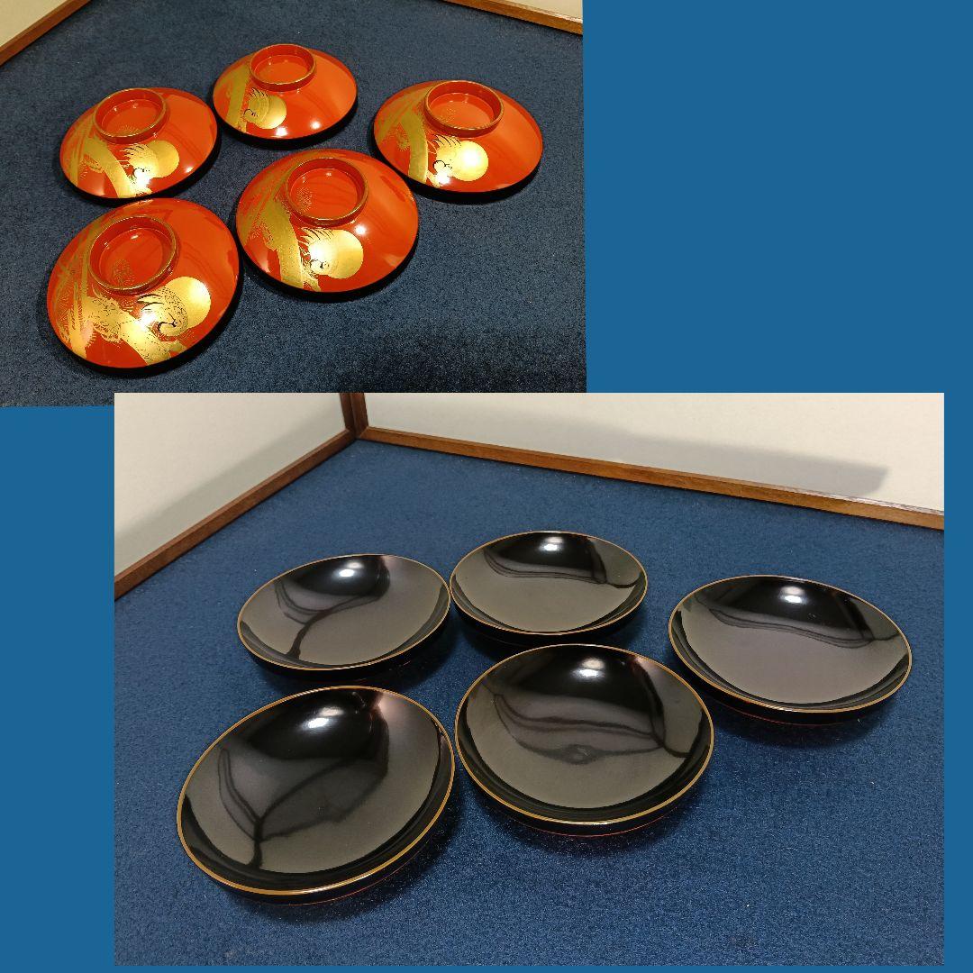 AM54 会津 蓋付椀 松鶴図 朱椀五客 縁金 金蒔絵 お椀 汁物椀