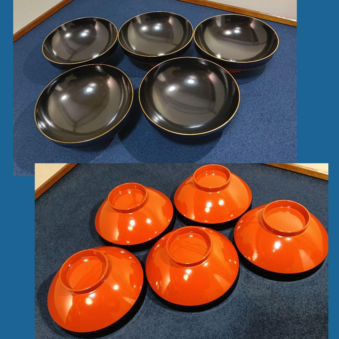 AM54 会津 蓋付椀 松鶴図 朱椀五客 縁金 金蒔絵 お椀 汁物椀