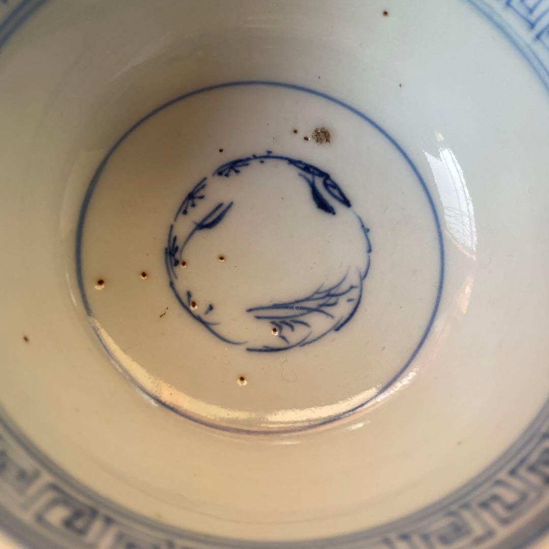 江戸末期　時代染付 煎茶碗　 雷紋に草花文様 手のひらサイズの骨董　四客揃え