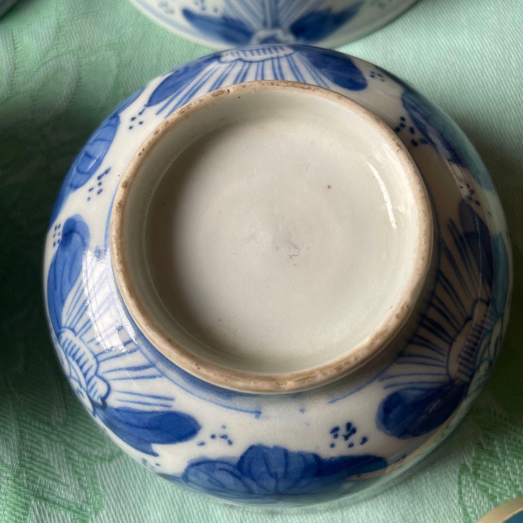 江戸末期　時代染付 煎茶碗　 雷紋に草花文様 手のひらサイズの骨董　四客揃え