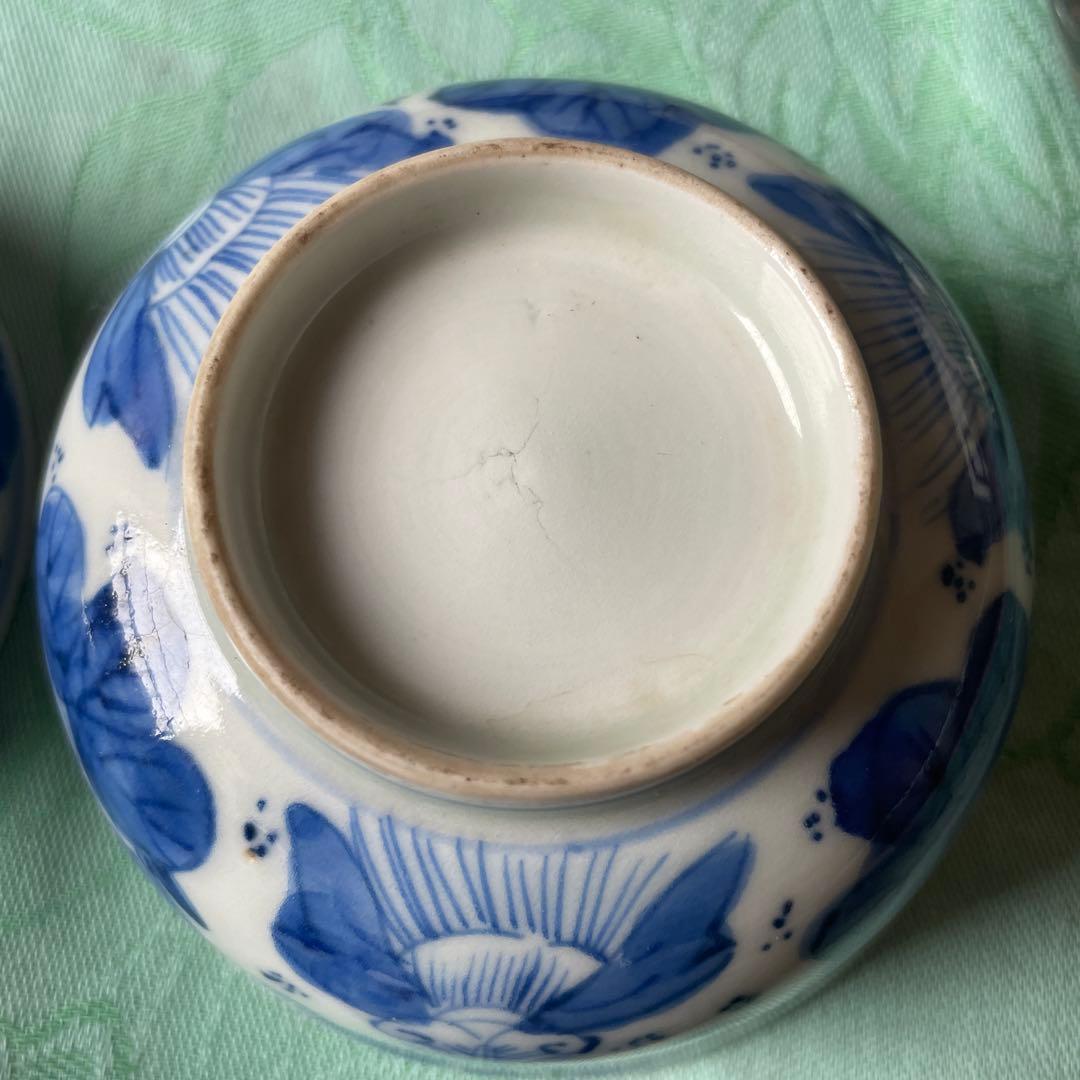 江戸末期　時代染付 煎茶碗　 雷紋に草花文様 手のひらサイズの骨董　四客揃え