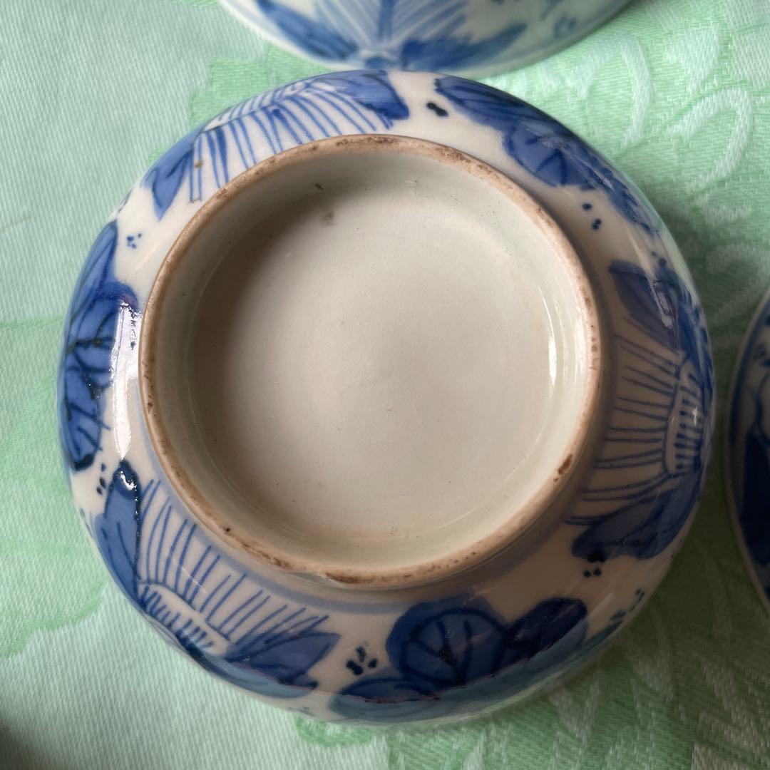 江戸末期　時代染付 煎茶碗　 雷紋に草花文様 手のひらサイズの骨董　四客揃え