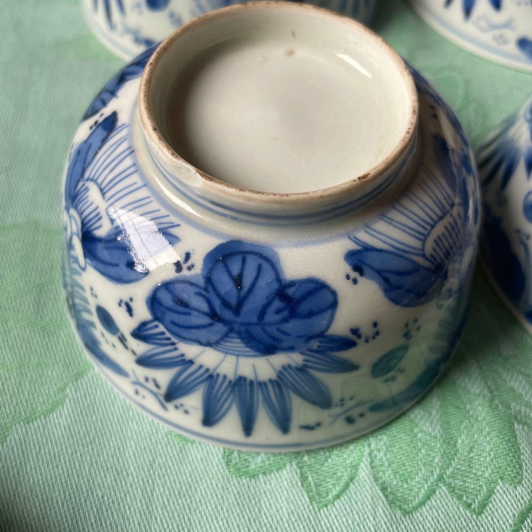 江戸末期　時代染付 煎茶碗　 雷紋に草花文様 手のひらサイズの骨董　四客揃え