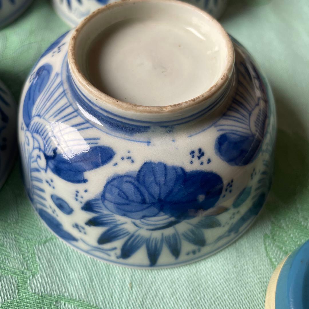 江戸末期　時代染付 煎茶碗　 雷紋に草花文様 手のひらサイズの骨董　四客揃え