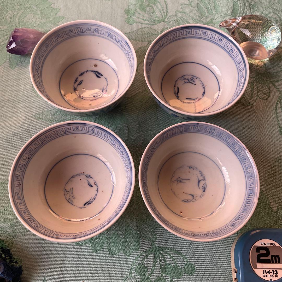 江戸末期　時代染付 煎茶碗　 雷紋に草花文様 手のひらサイズの骨董　四客揃え