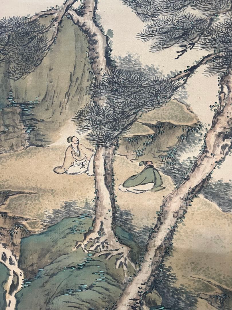 掛軸　諏訪部直亭［青緑山水人物の図］絹本　信州の画家　木箱無！