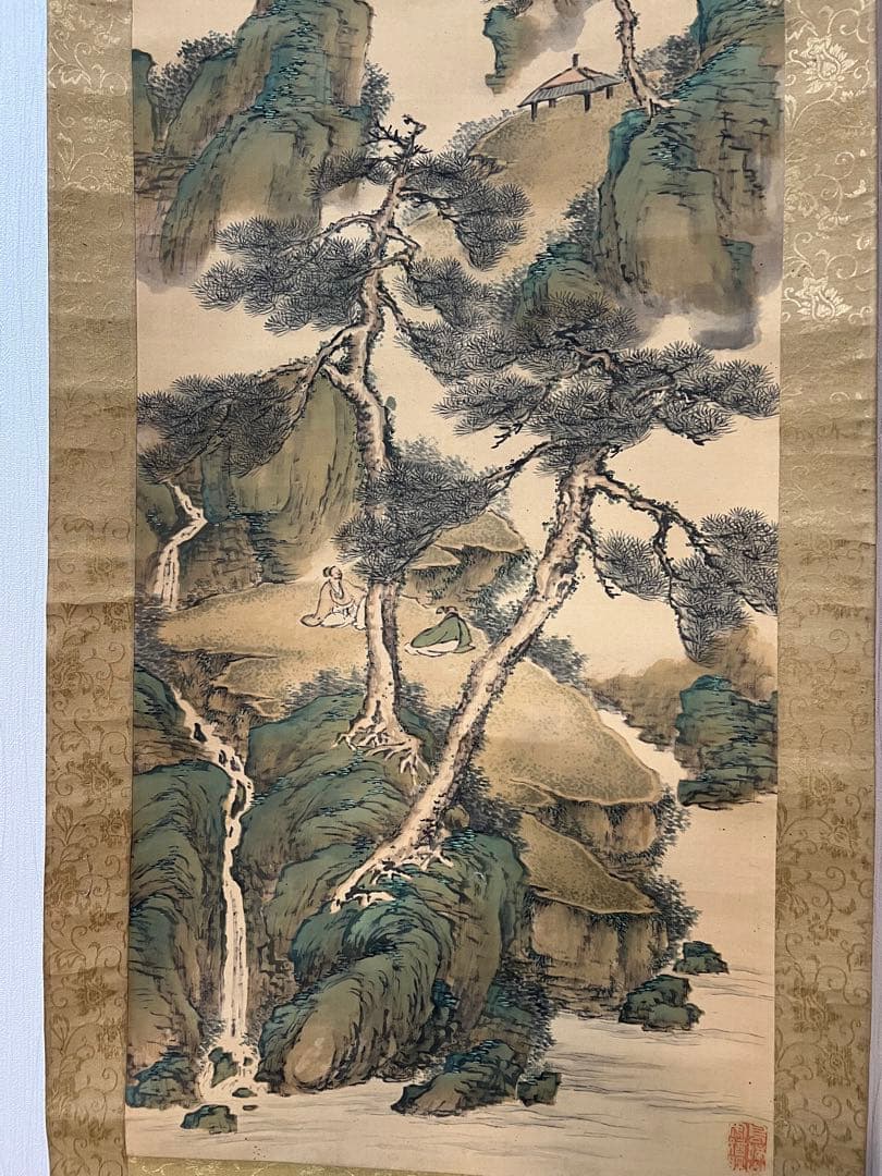 掛軸　諏訪部直亭［青緑山水人物の図］絹本　信州の画家　木箱無！