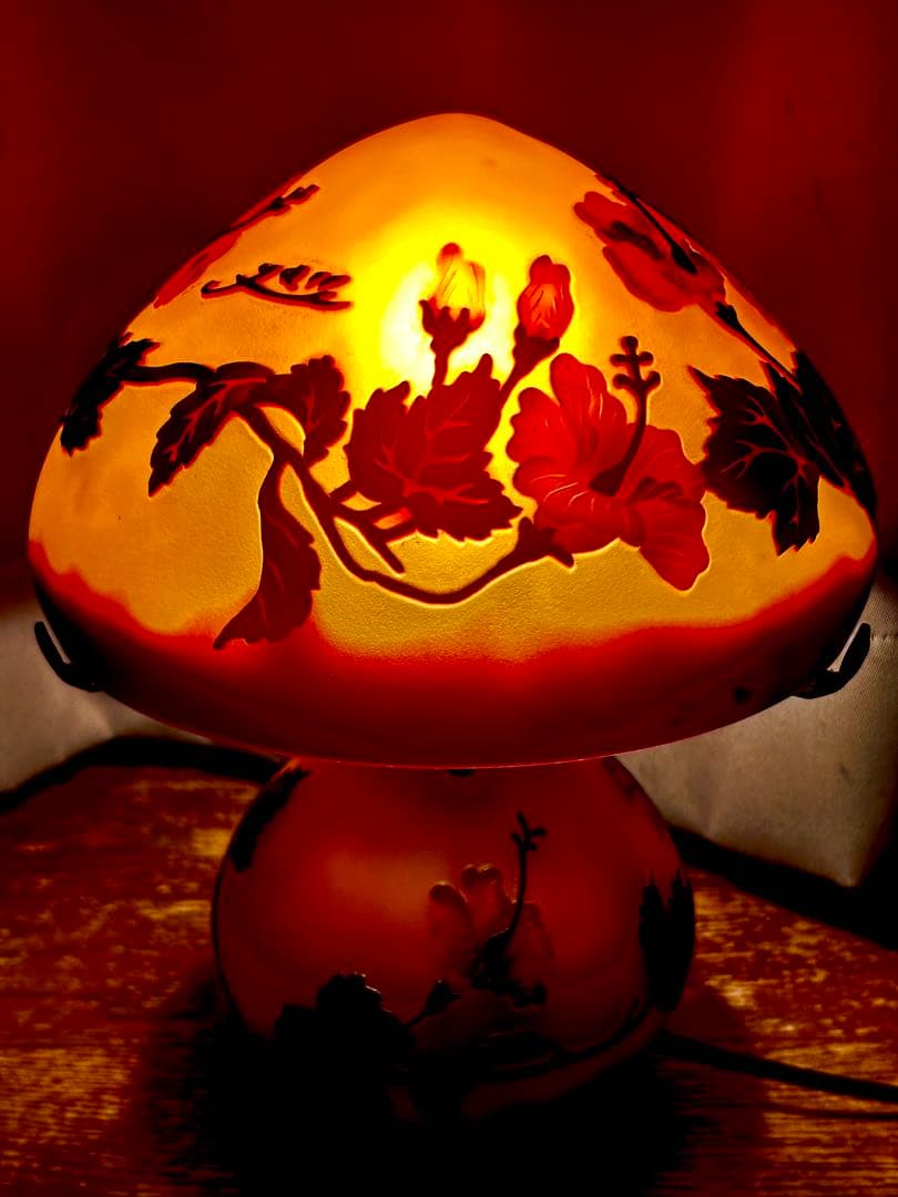【美品】アール・ヌーヴォーガレ風キノコ型ハイビスカス柄テーブルランプ