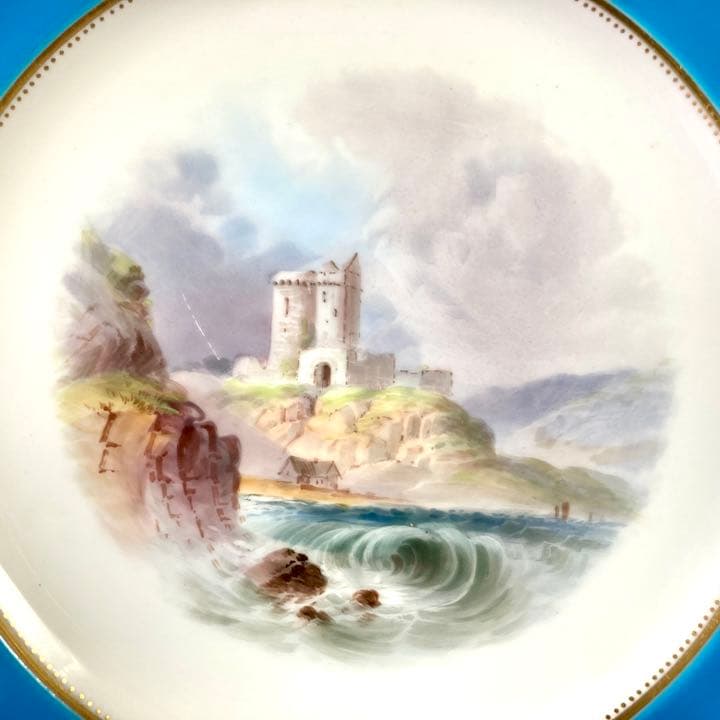 ミントン　ターコイズブルー　古城風景絵図飾皿　エナメル七宝金彩 プレート 大皿