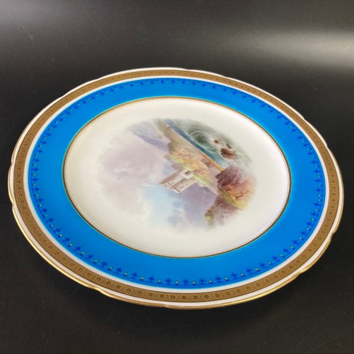 ミントン　ターコイズブルー　古城風景絵図飾皿　エナメル七宝金彩 プレート 大皿
