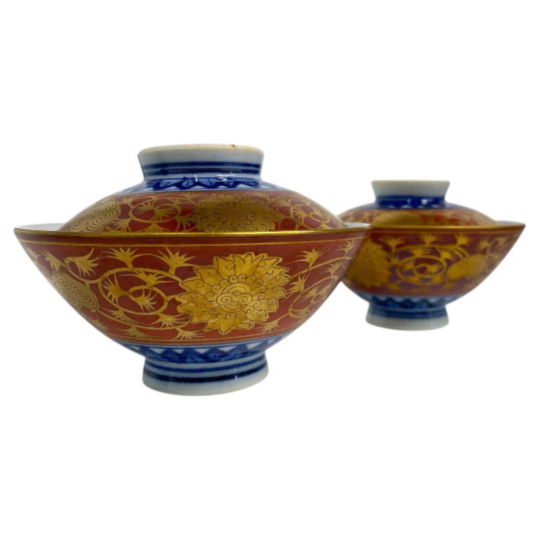 未使用品　九谷焼　金彩　永楽風　蓋付き　茶碗　ペア　夫婦　26セ323