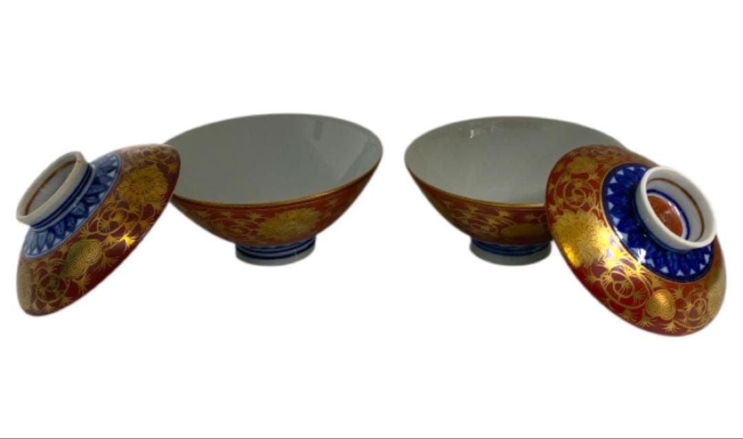 未使用品　九谷焼　金彩　永楽風　蓋付き　茶碗　ペア　夫婦　26セ323