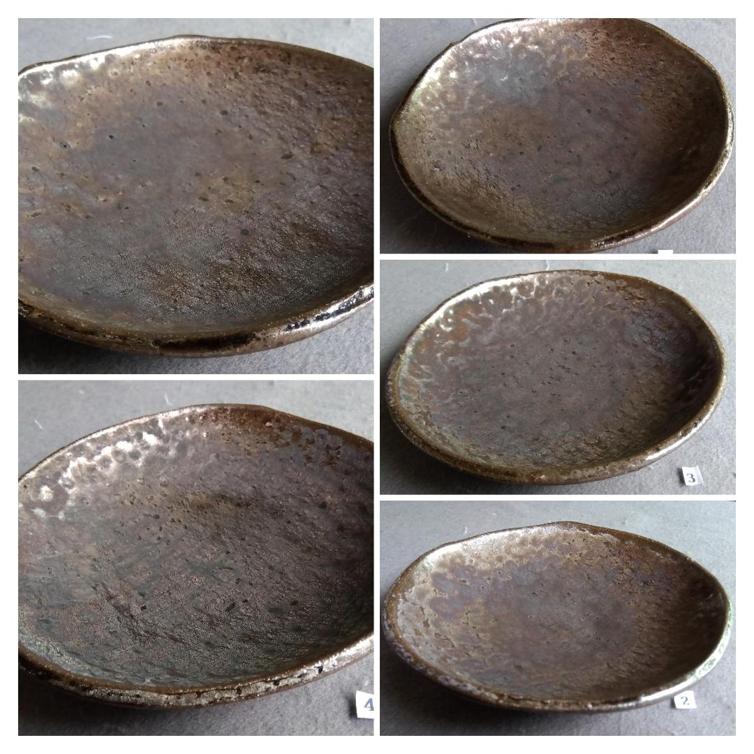 越前焼の名工　福嶋伸彦　【ほたる窯】　　鉄釉逸品 還元窯変美中皿五客セット