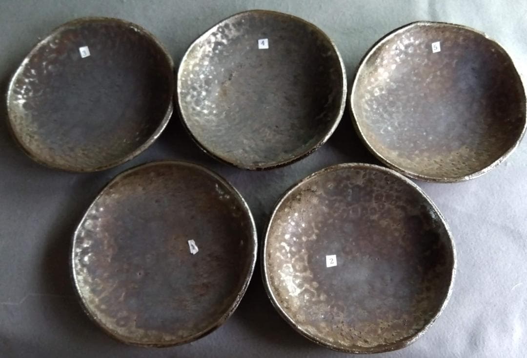 越前焼の名工　福嶋伸彦　【ほたる窯】　　鉄釉逸品 還元窯変美中皿五客セット