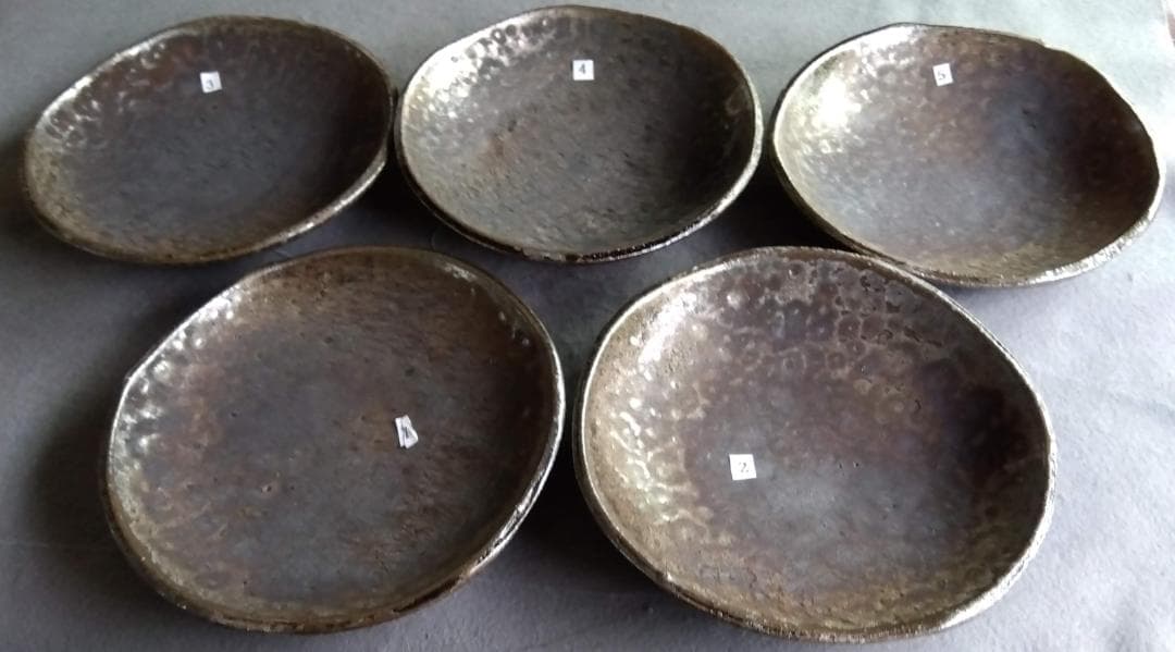 越前焼の名工　福嶋伸彦　【ほたる窯】　　鉄釉逸品 還元窯変美中皿五客セット