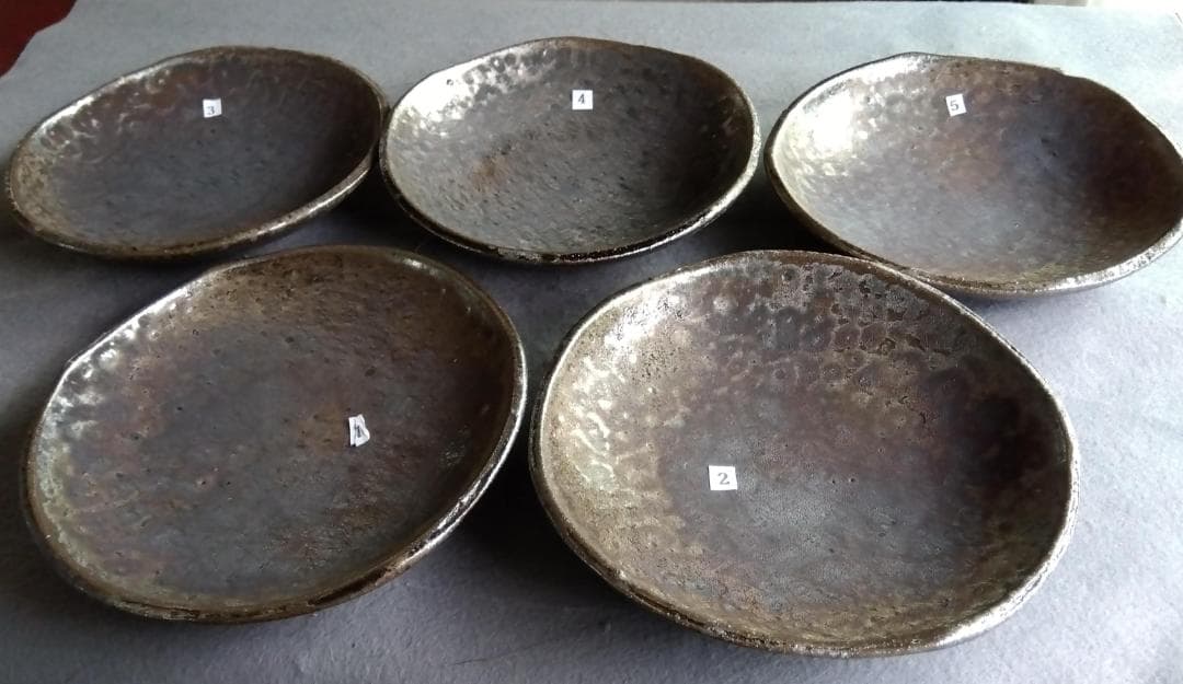 越前焼の名工　福嶋伸彦　【ほたる窯】　　鉄釉逸品 還元窯変美中皿五客セット