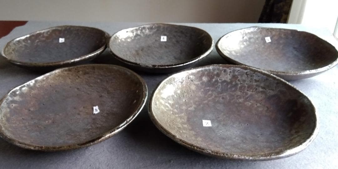 越前焼の名工　福嶋伸彦　【ほたる窯】　　鉄釉逸品 還元窯変美中皿五客セット