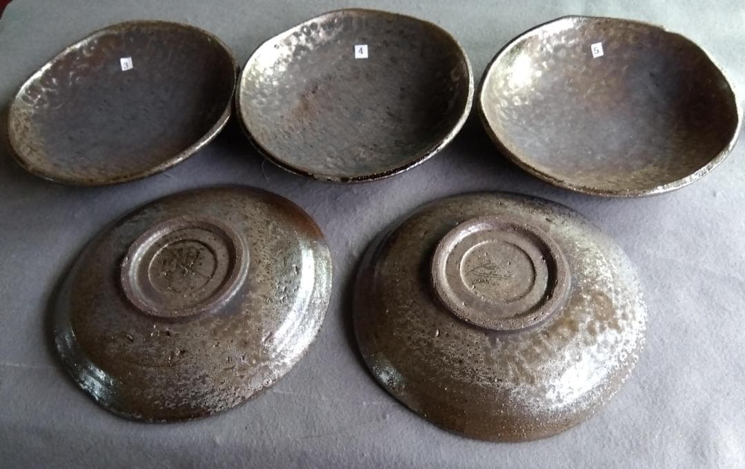 越前焼の名工　福嶋伸彦　【ほたる窯】　　鉄釉逸品 還元窯変美中皿五客セット