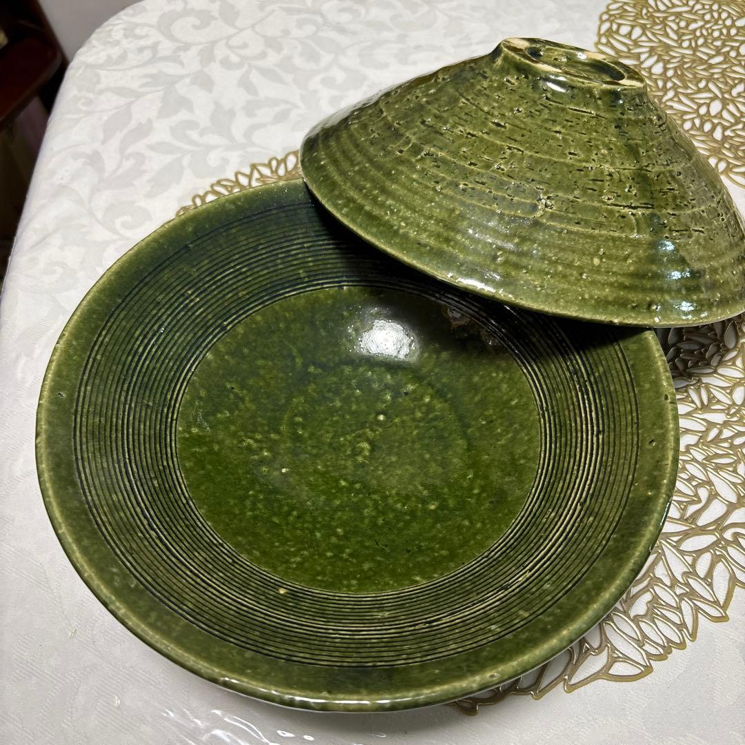 ⭐️笠間焼⭐️緑色ストライプ模様陶器ボウル2個セット⭐️